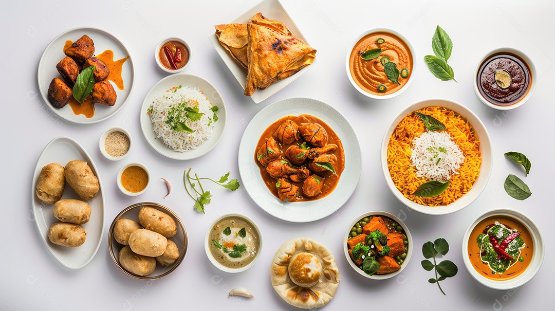 Vista superior da coleção de alimentos indianos isolada no fundo branco