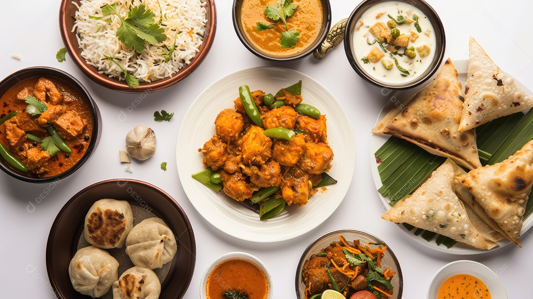 Vista superior da coleção de alimentos indianos isolada no fundo branco