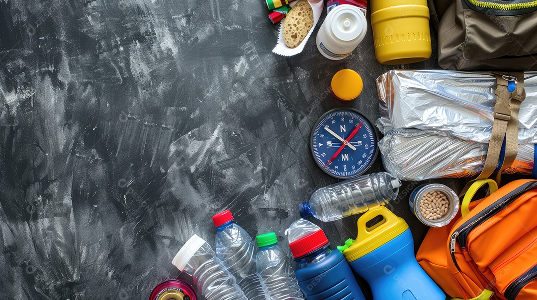 Kit de suprimentos para desastres em caso de terremoto em mesa de madeira preta