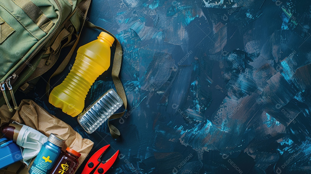 Kit de suprimentos para desastres em caso de terremoto em mesa de madeira preta