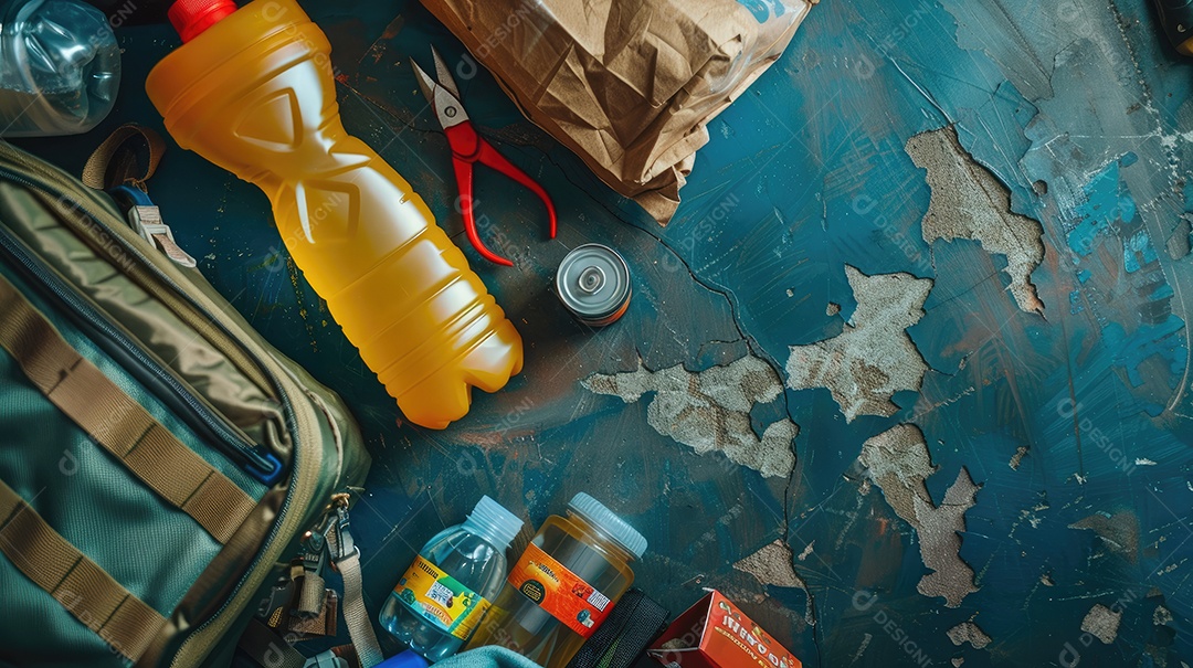 Kit de suprimentos para desastres em caso de terremoto em mesa de madeira preta