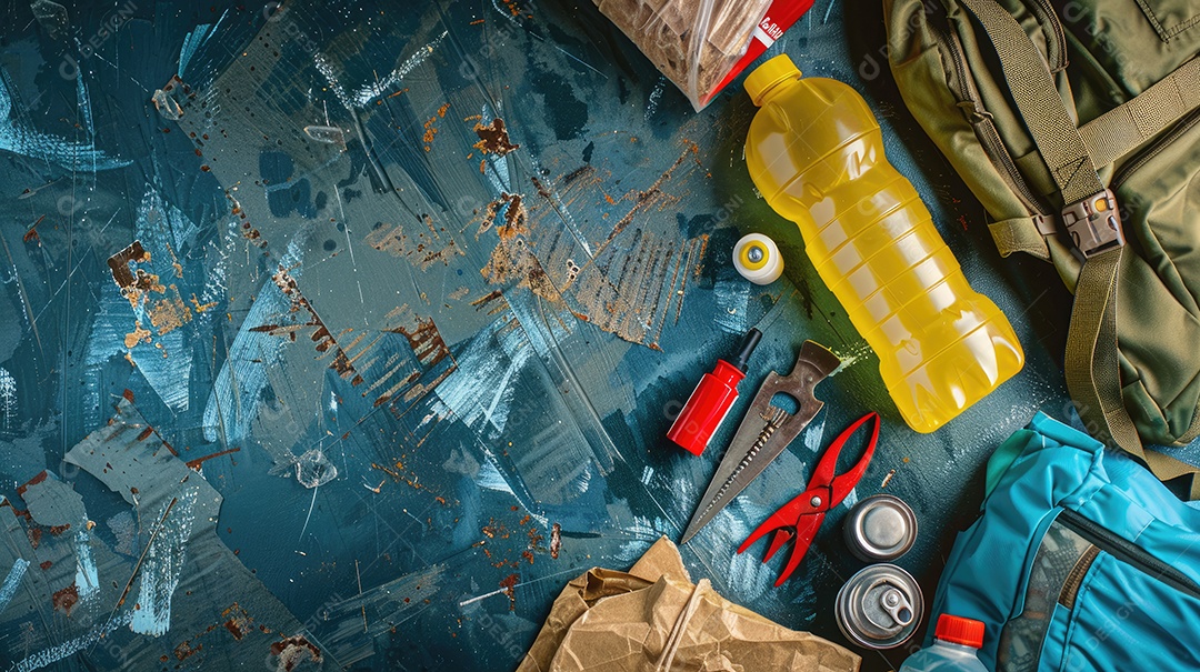 Kit de suprimentos para desastres em caso de terremoto em mesa de madeira preta