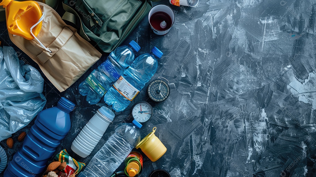 Kit de suprimentos para desastres em caso de terremoto em mesa de madeira preta