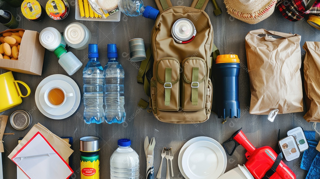 Kit de suprimentos para desastres em caso de terremoto em mesa de madeira preta