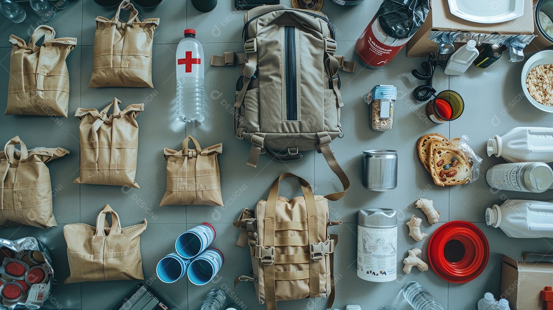 Kit de suprimentos para desastres em caso de terremoto em mesa de madeira preta