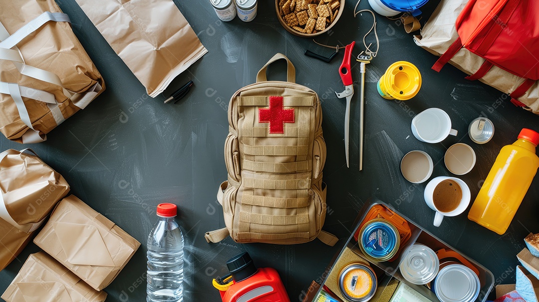 Kit de suprimentos para desastres em caso de terremoto em mesa de madeira preta