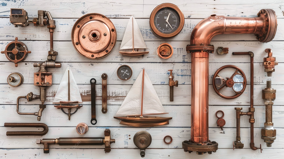 Uma moldura composta por vários itens de encanador dispostos sobre um fundo de madeira clara