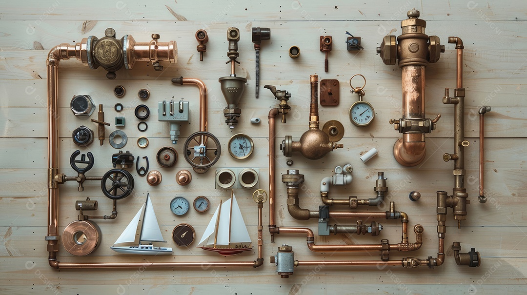 Uma moldura composta por vários itens de encanador dispostos sobre um fundo de madeira clara