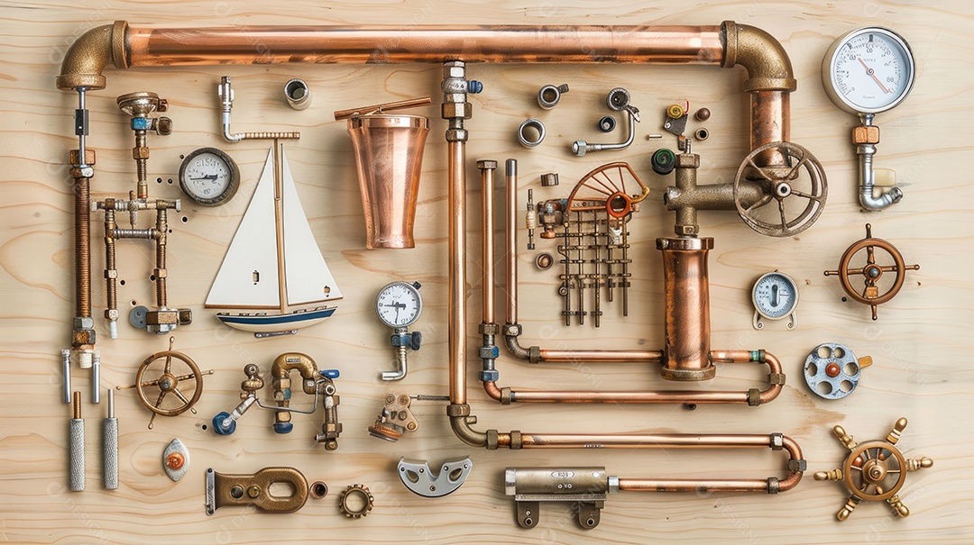 Uma moldura composta por vários itens de encanador dispostos sobre um fundo de madeira clara