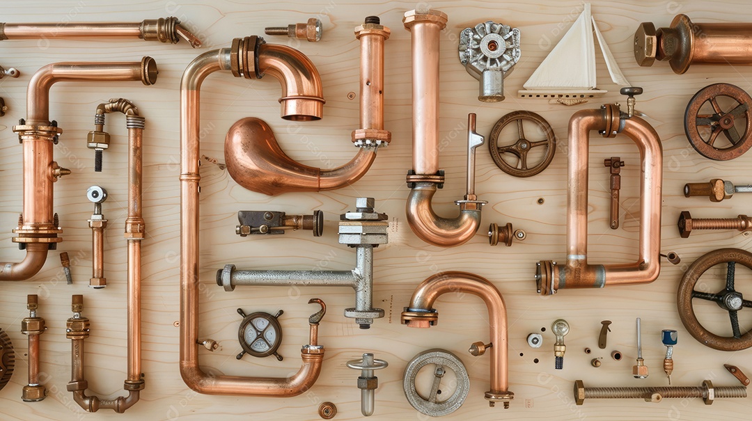 Uma moldura composta por vários itens de encanador dispostos sobre um fundo de madeira clara