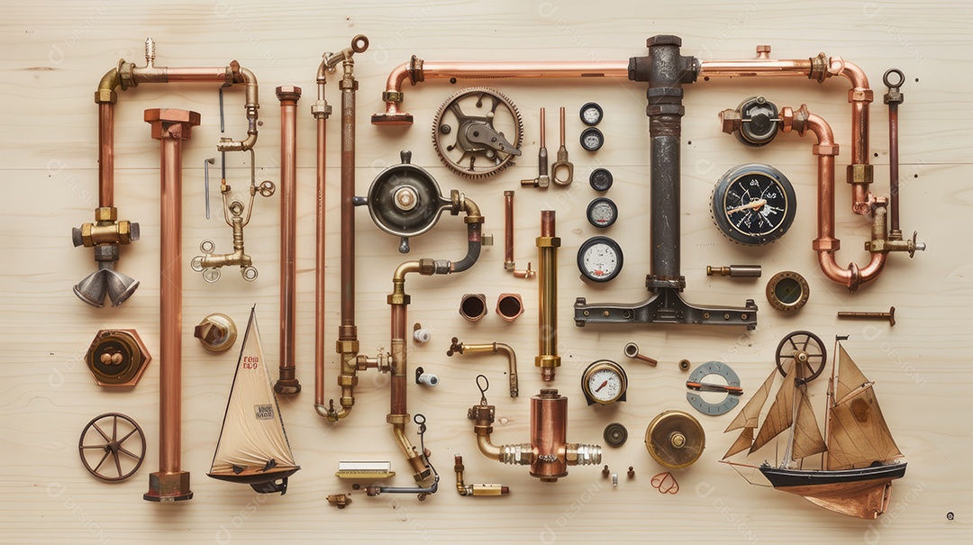 Uma moldura composta por vários itens de encanador dispostos sobre um fundo de madeira clara