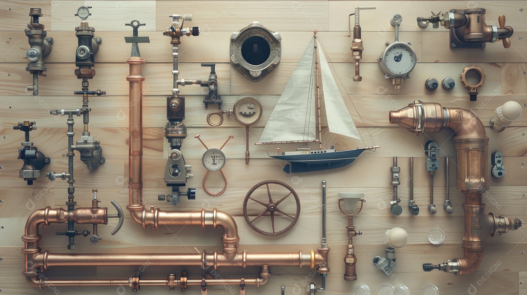 Uma moldura composta por vários itens de encanador dispostos sobre um fundo de madeira clara