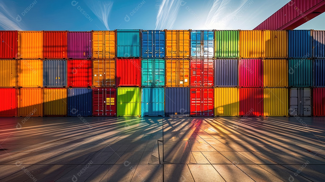 Contêineres de transporte coloridos estão alinhados em um armazém