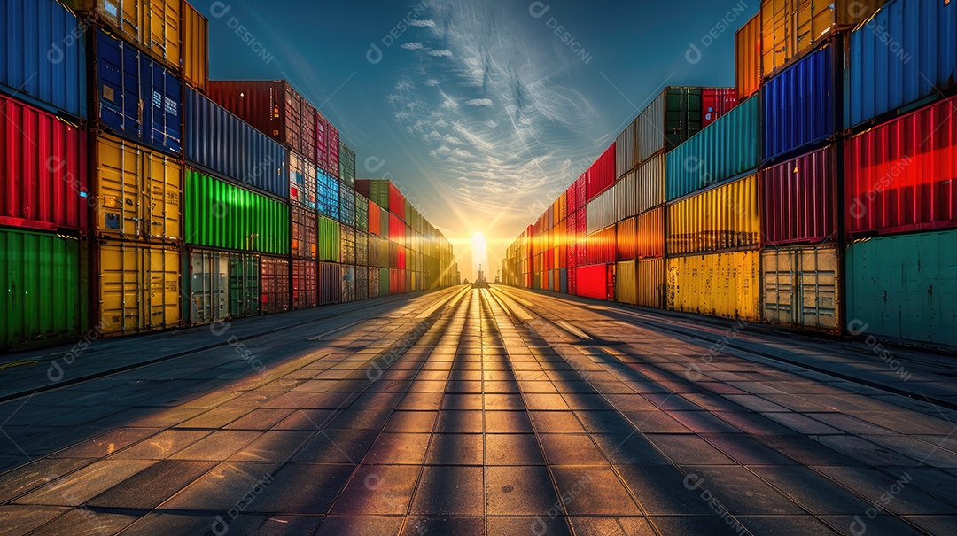 Contêineres de transporte coloridos estão alinhados em um armazém