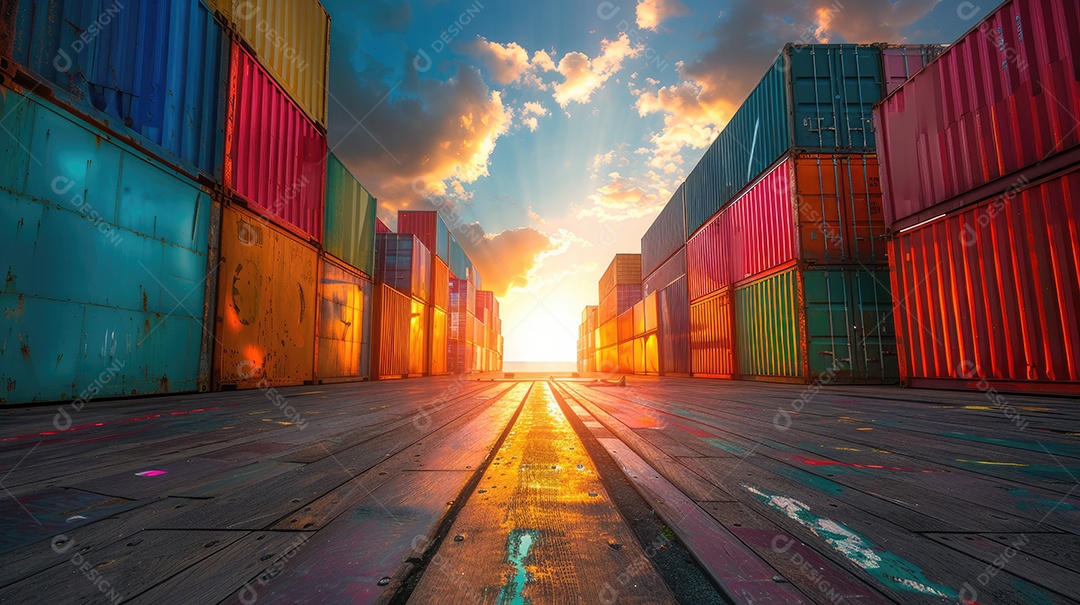 Contêineres de transporte coloridos estão alinhados em um armazém