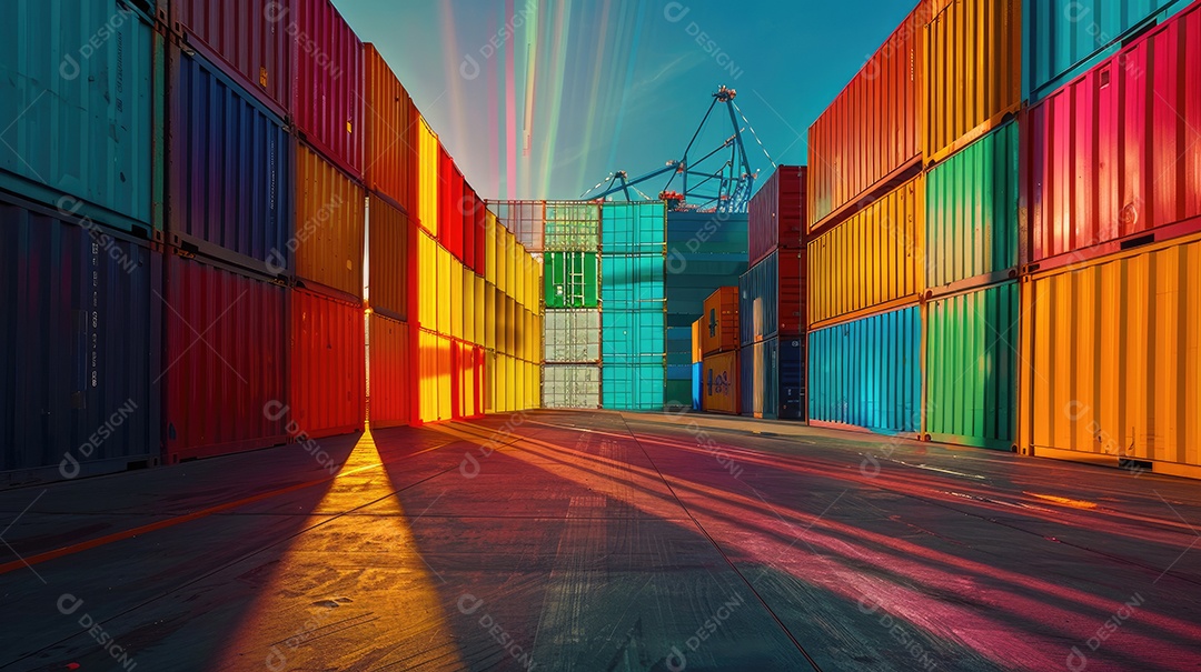 Contêineres de transporte coloridos estão alinhados em um armazém