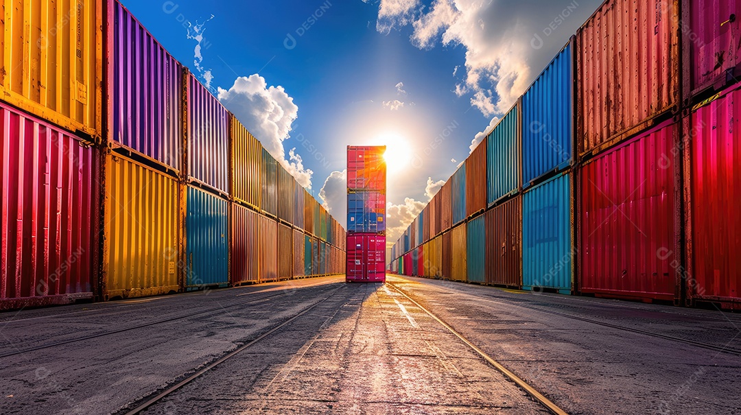 Contêineres de transporte coloridos estão alinhados em um armazém