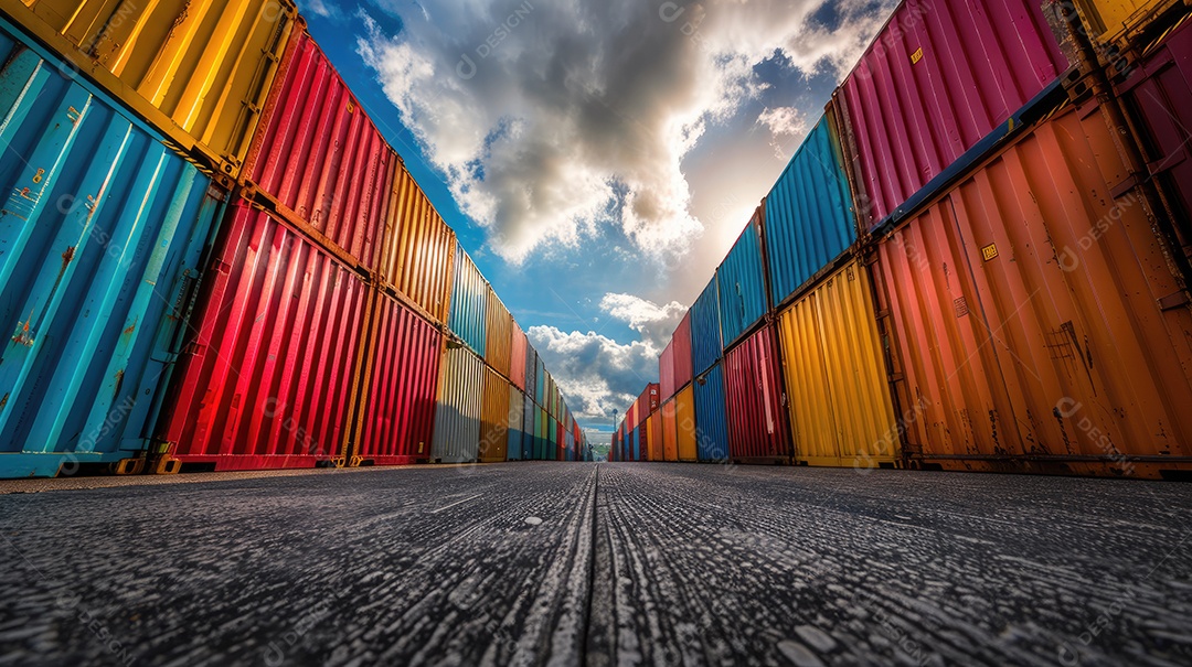 Contêineres de transporte coloridos estão alinhados em um armazém