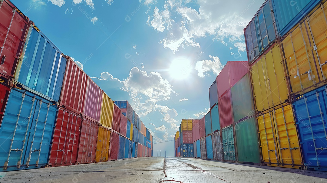 Contêineres de transporte coloridos estão alinhados em um armazém