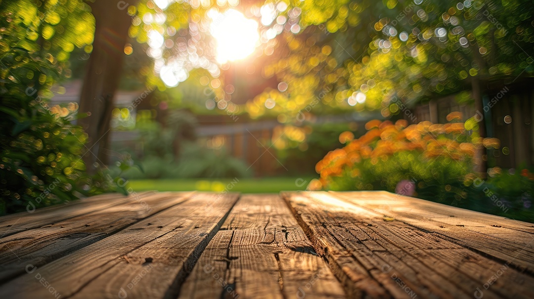 Mesa de madeira no jardim
