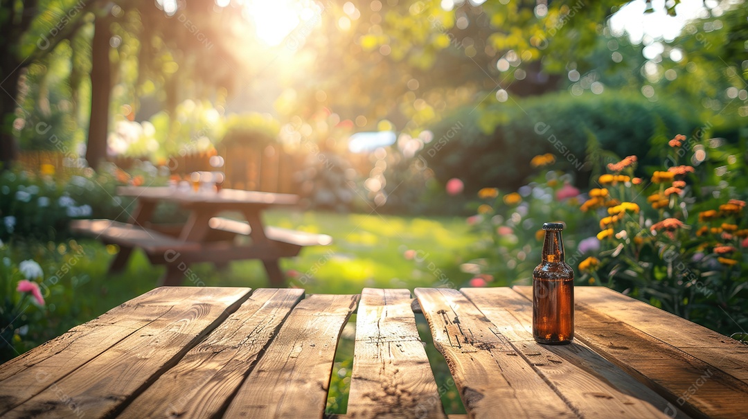 Mesa de madeira no jardim
