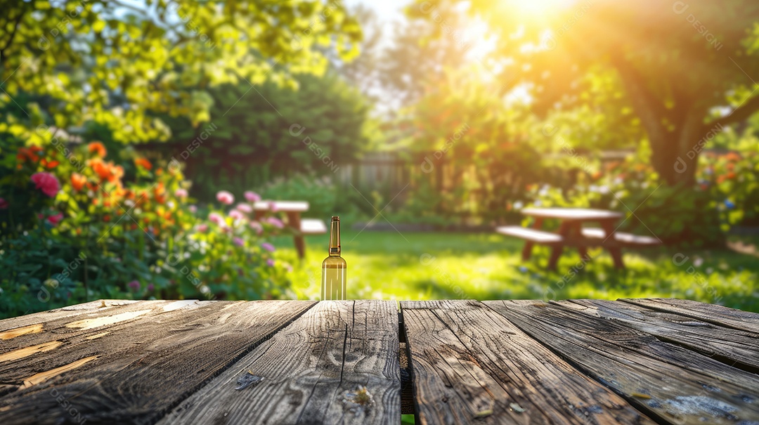 Mesa de madeira no jardim