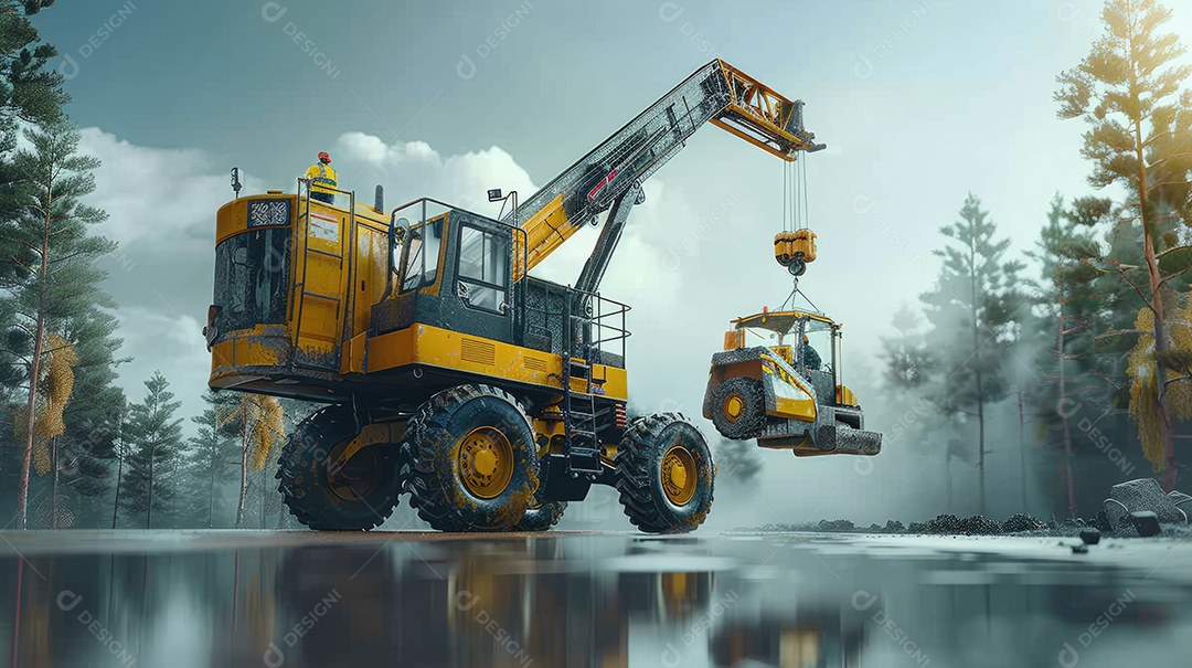 Um guindaste automotivo com lança telescópica está instalado ao ar livre sob um céu azul