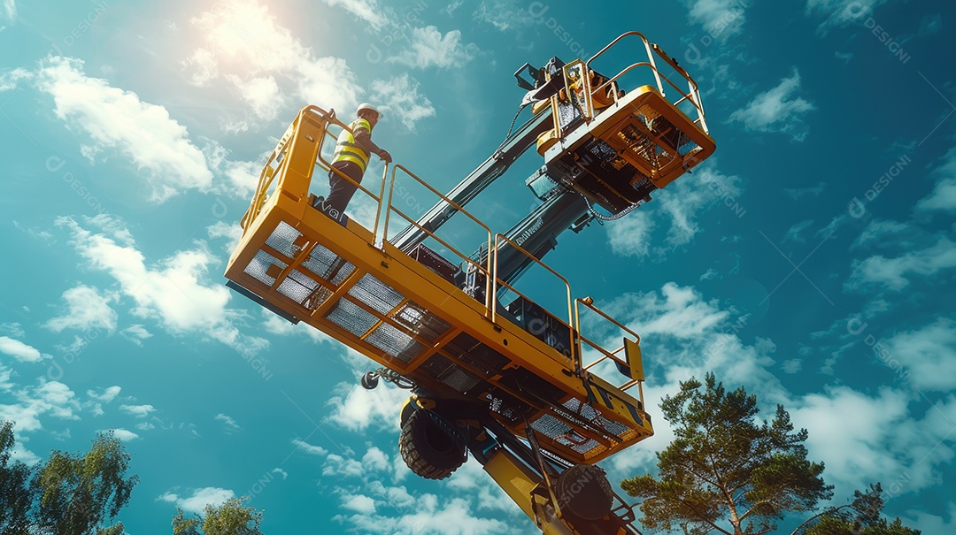 Um guindaste automotivo com lança telescópica está instalado ao ar livre sob um céu azul