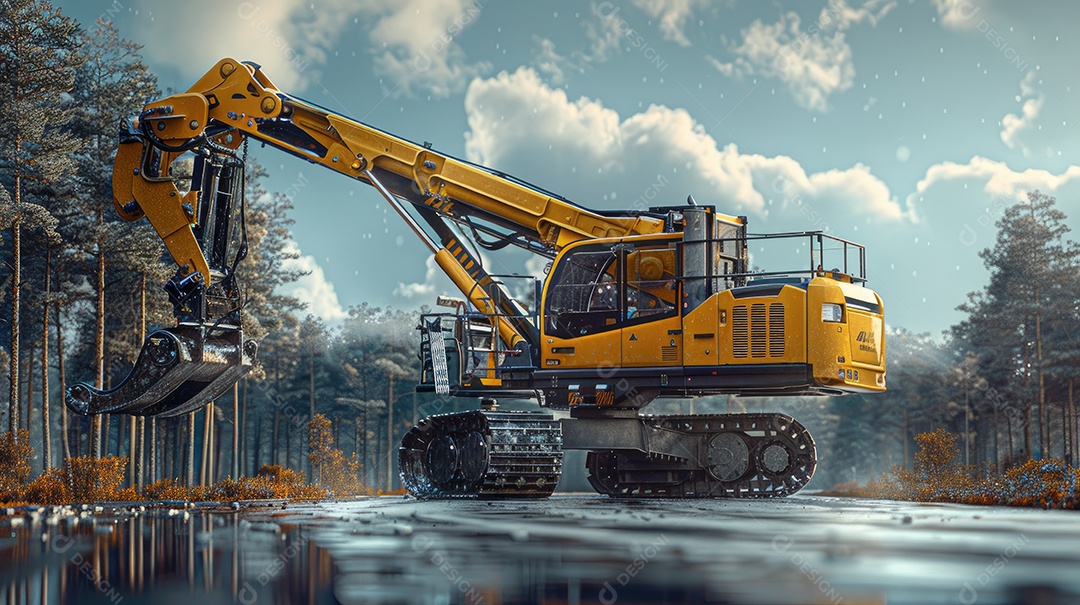 Um guindaste automotivo com lança telescópica está instalado ao ar livre sob um céu azul