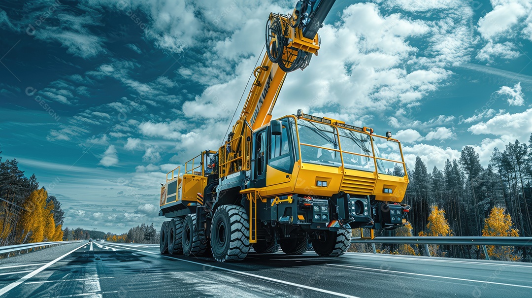 Um guindaste automotivo com lança telescópica está instalado ao ar livre sob um céu azul