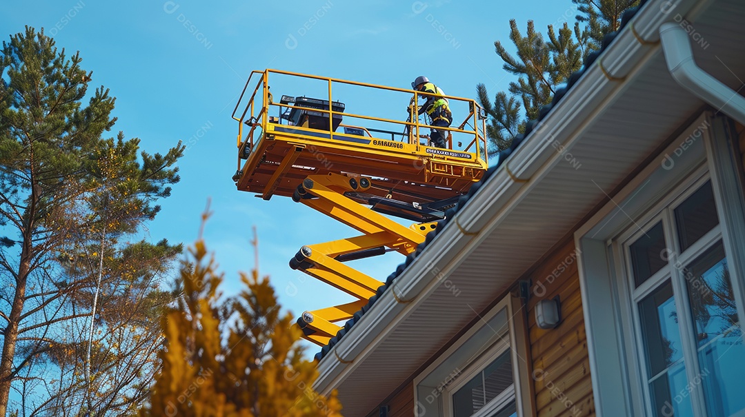 Um guindaste automotivo com lança telescópica está instalado ao ar livre sob um céu azul