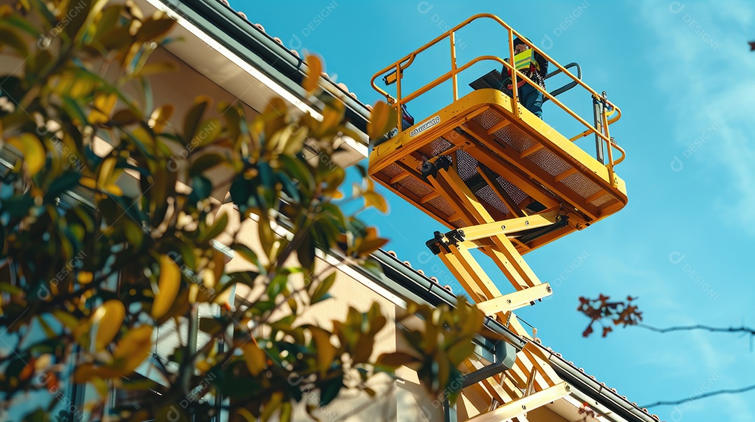 Um guindaste automotivo com lança telescópica está instalado ao ar livre sob um céu azul