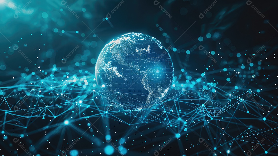 Representação digital da Terra encapsulada em uma grade de rede futurista