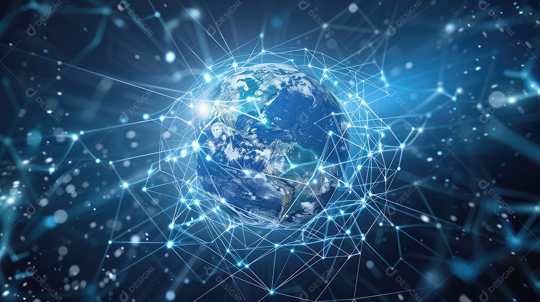 Representação digital da Terra encapsulada em uma grade de rede futurista
