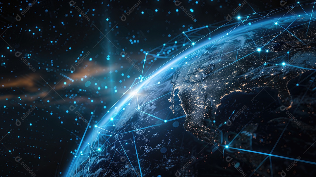 Representação digital da Terra encapsulada em uma grade de rede futurista