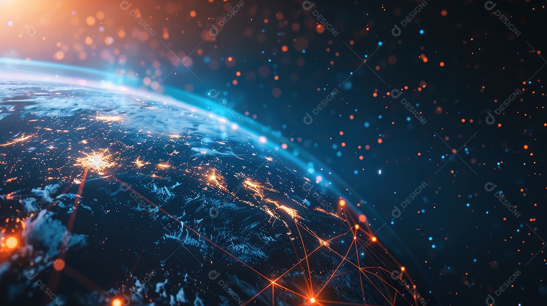 Representação digital da Terra encapsulada em uma grade de rede futurista