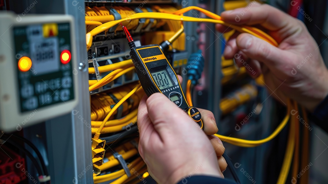 Um técnico em traje profissional está usando cuidadosamente um multímetro digital para verificar ou solucionar problemas de um painel elétrico