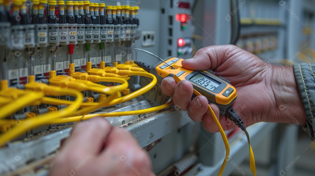 Um técnico em traje profissional está usando cuidadosamente um multímetro digital para verificar ou solucionar problemas de um painel elétrico