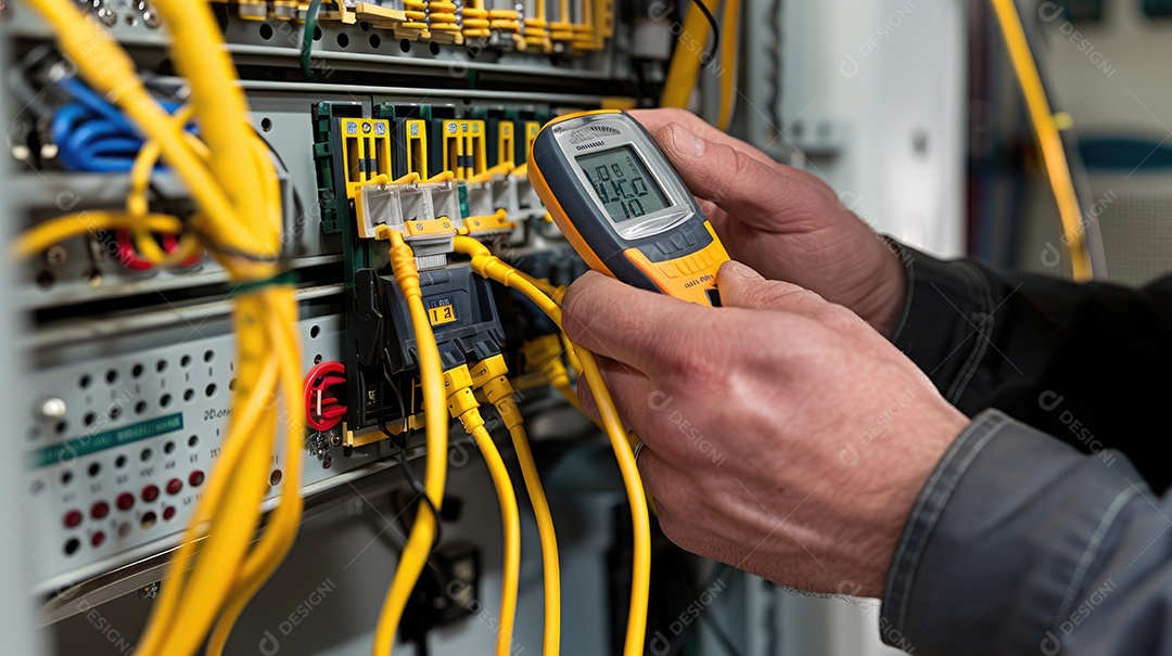 Um técnico em traje profissional está usando cuidadosamente um multímetro digital para verificar ou solucionar problemas de um painel elétrico
