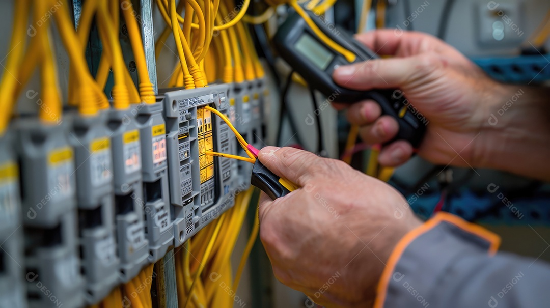 Um técnico em traje profissional está usando cuidadosamente um multímetro digital para verificar ou solucionar problemas de um painel elétrico