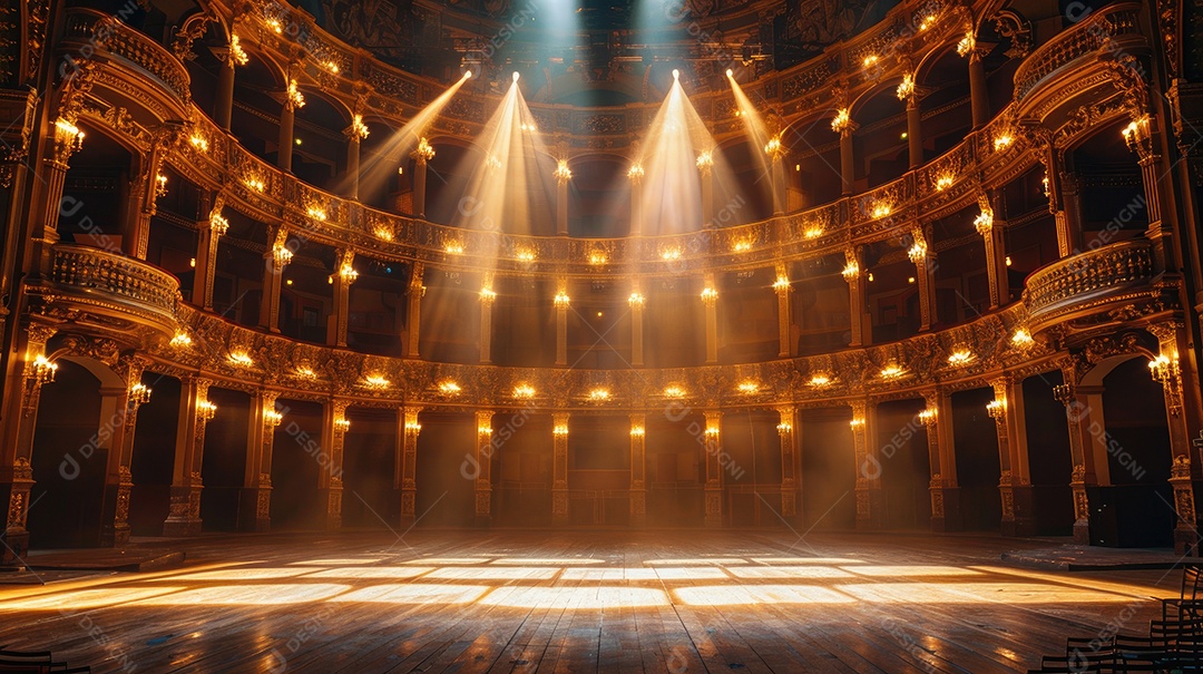A luz do sol entra pela sacada de uma casa de ópera ornamentada