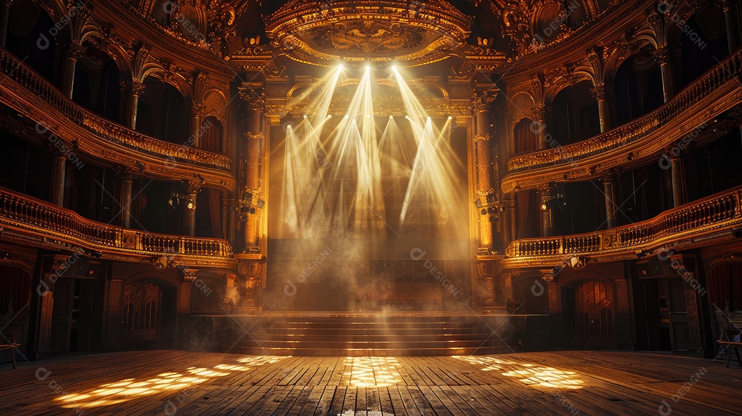 A luz do sol entra pela sacada de uma casa de ópera ornamentada