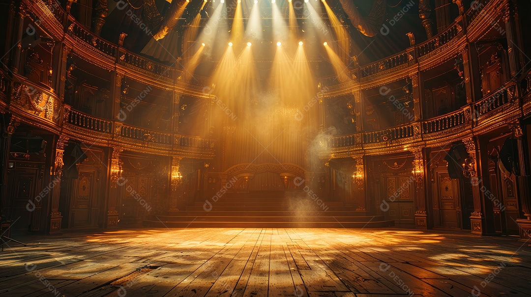 A luz do sol entra pela sacada de uma casa de ópera ornamentada