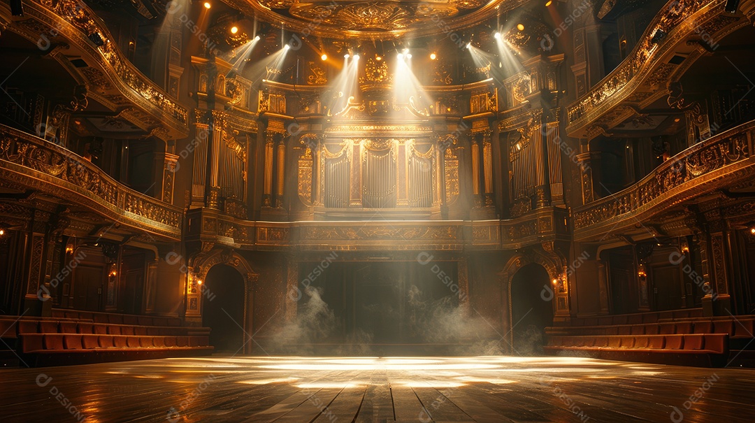 A luz do sol entra pela sacada de uma casa de ópera ornamentada