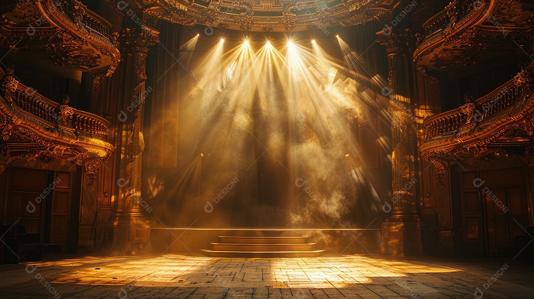 A luz do sol entra pela sacada de uma casa de ópera ornamentada