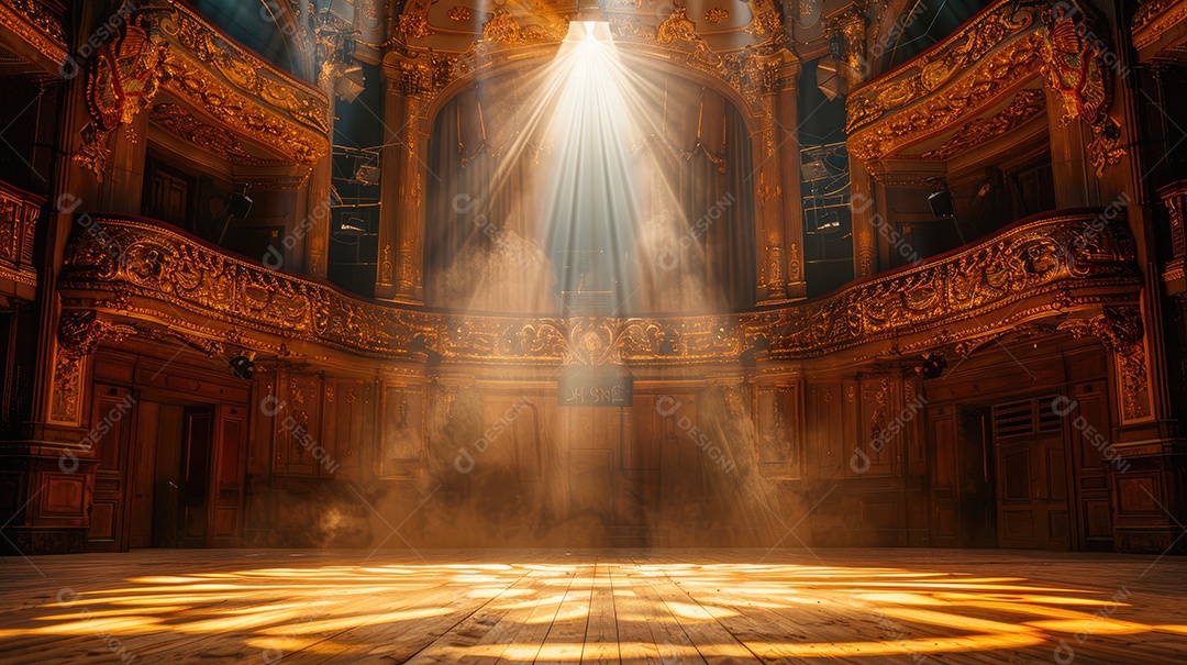 A luz do sol entra pela sacada de uma casa de ópera ornamentada