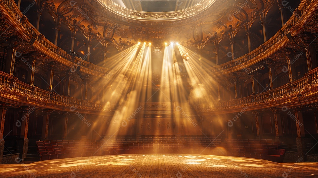 A luz do sol entra pela sacada de uma casa de ópera ornamentada