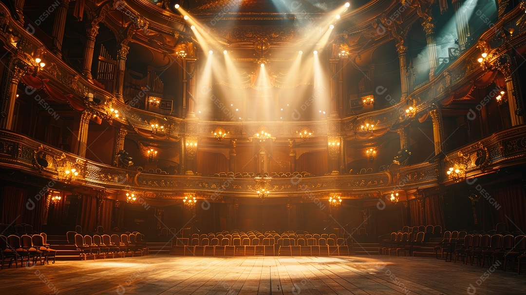 A luz do sol entra pela sacada de uma casa de ópera ornamentada