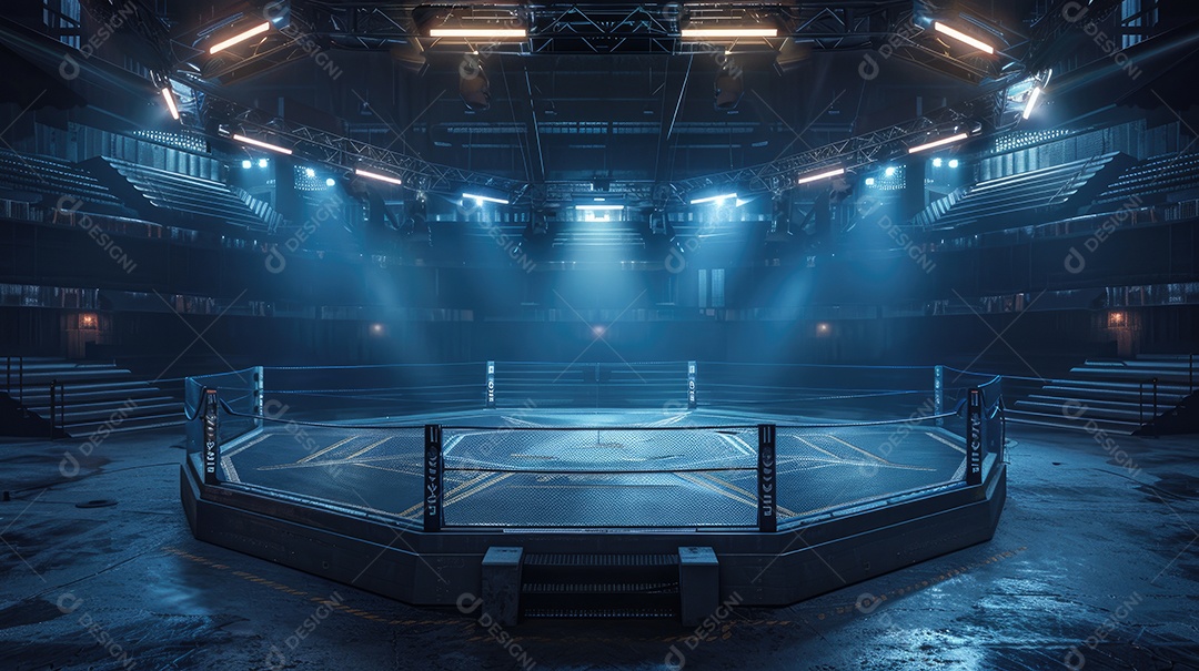 Palco octogonal com holofotes brilhando sobre ele