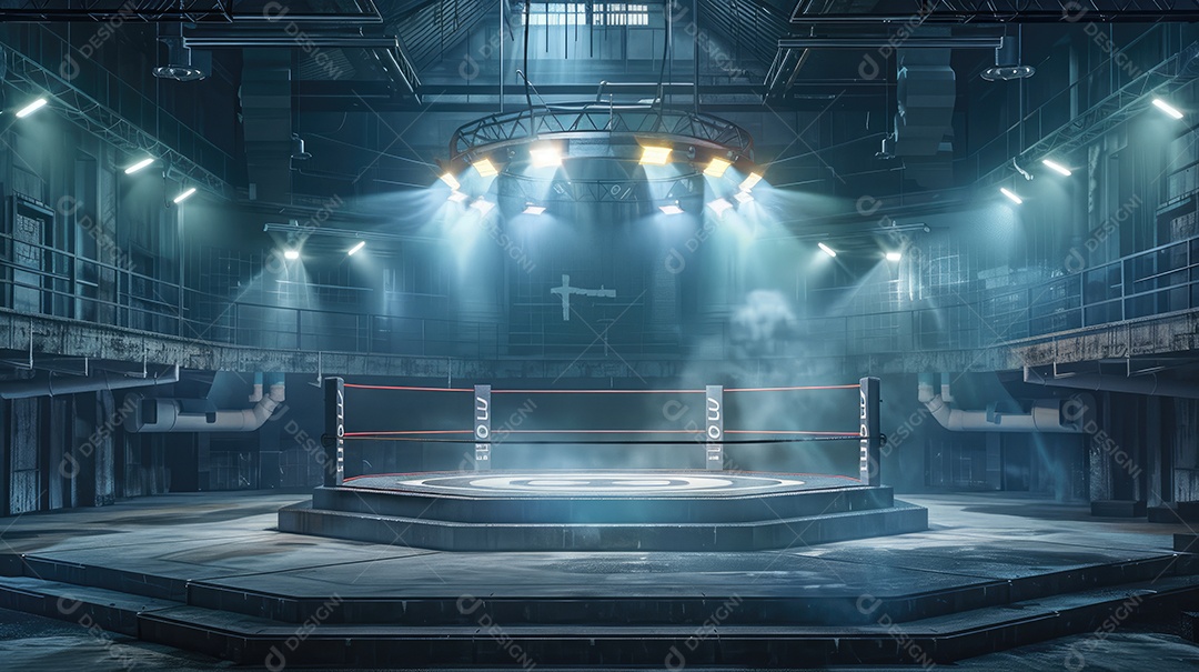 Palco octogonal com holofotes brilhando sobre ele